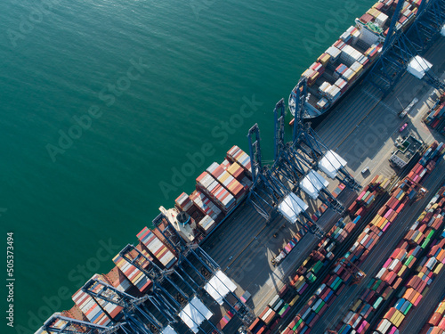 Aerial view of container terminal sunrise