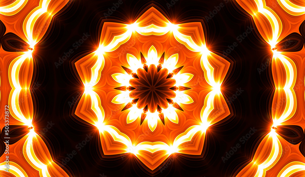 Φωτογραφία Illustration of a bright fractal kaleidoscope of flares and sun with spirals