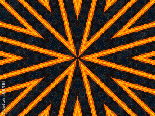 Orange rays stars on black retro textured pattern 70s. Abstract unique kaleidoscope background. Beautiful kaleidoscope seamless pattern. Seamless kaleidoscope texture.