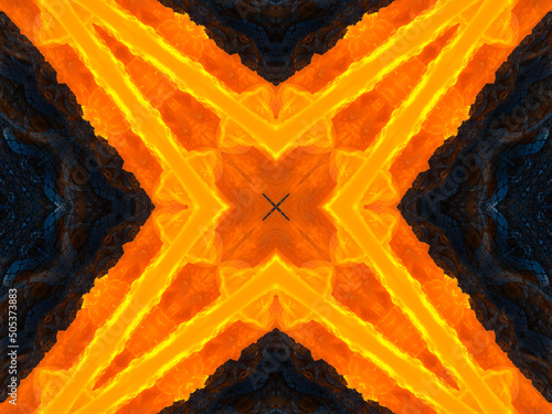 Orange rays stars on black retro textured pattern 70s. Abstract unique kaleidoscope background. Beautiful kaleidoscope seamless pattern. Seamless kaleidoscope texture.