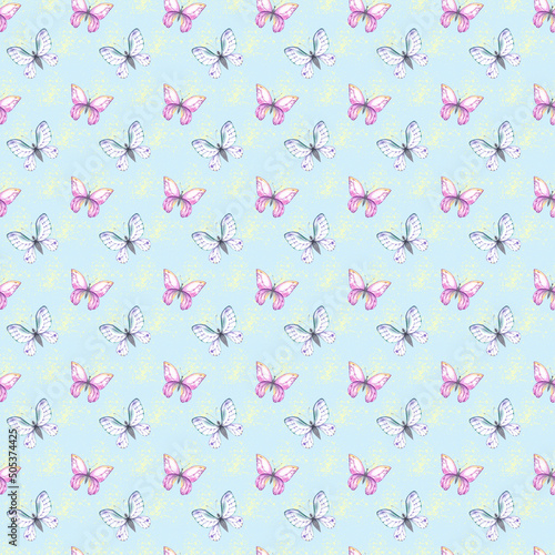 Watercolor pattern with colored butterflies