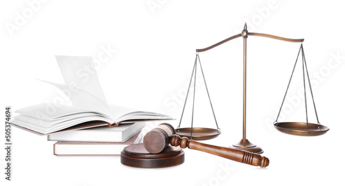 Wooden gavel, books and scales of justice on white background