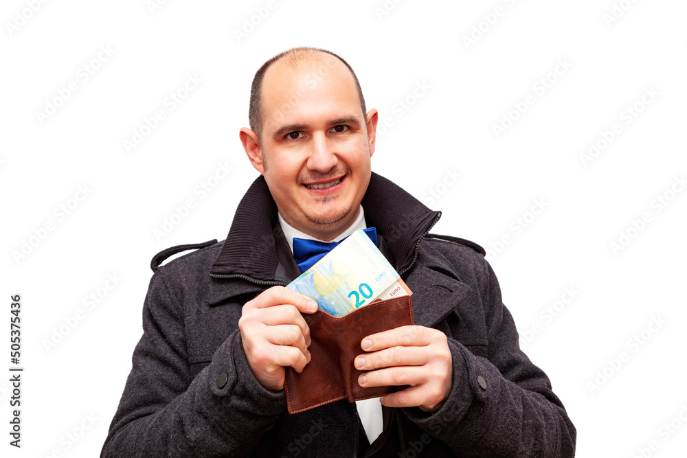 Well-dressed bald man holding wallet with money Well-dressed bald man holding wallet with money