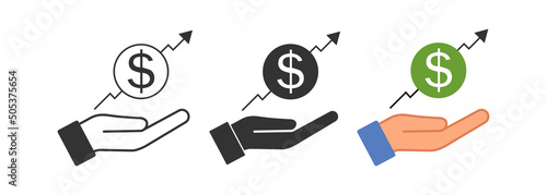 Dollar graph up an open palm icon. Offer chart business symbol. Sign finansial graphic and hand vector. photo