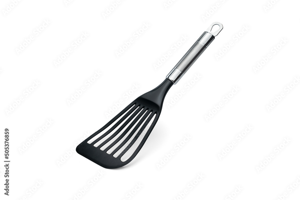 Nonstick Fish Spatula Turner, Thin Slotted Spatula, Wide Nylon Blade Lightweight but Sturdy Kitchen Fish Spatula, Designed for Non-stick Pan, Black at an angle Isolated on White Background with Shadow - obrazy, fototapety, plakaty 