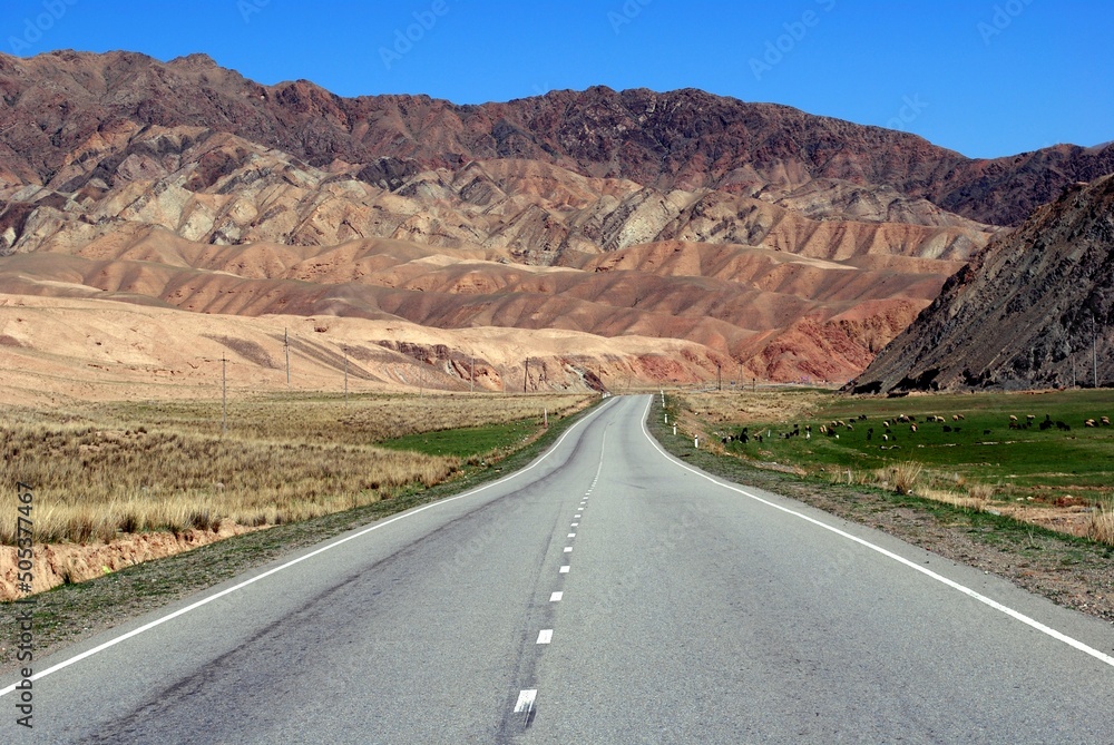 Scenic view of a mountain road in Pamir mountains, Kyrgyzstan
