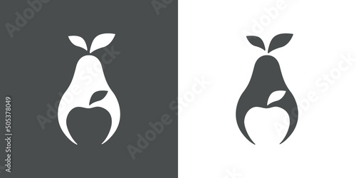 Logotipo vida saludable. Icono pera con manzana en espacio negativo en fondo gris y fondo blanco