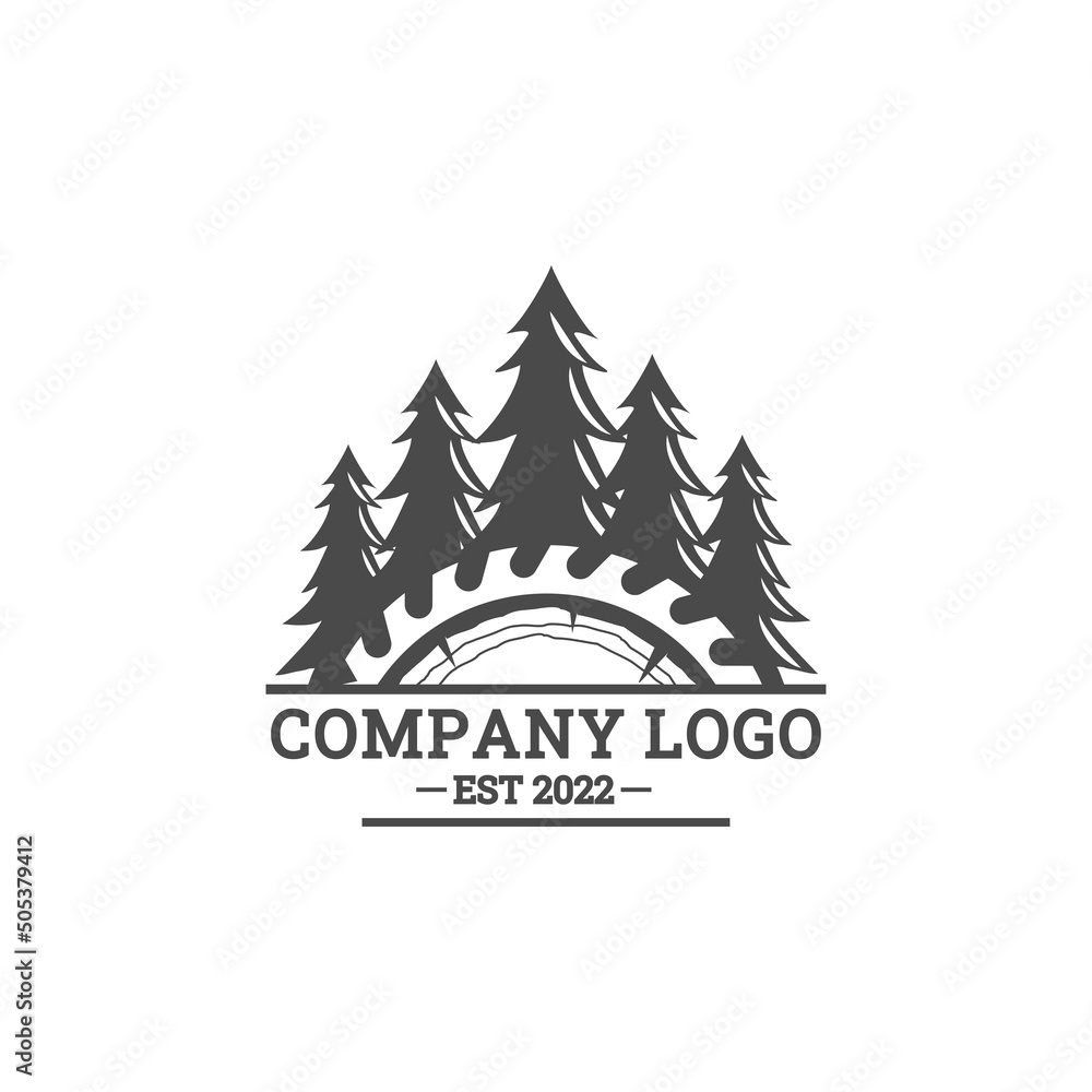 woodworking logo design, pine tree, grinder, blade for or carpentry