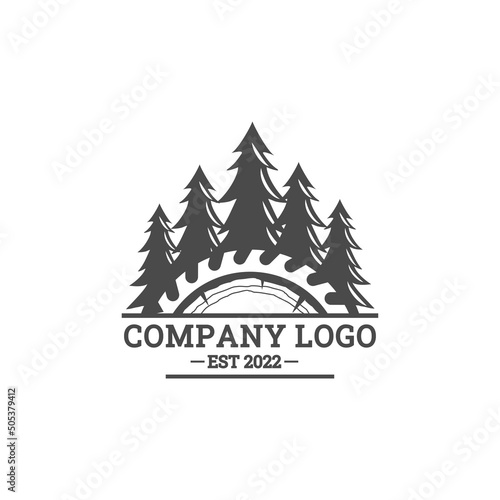 woodworking logo design, pine tree, grinder, blade for or carpentry