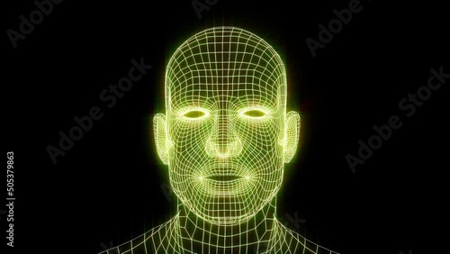 Talking mesh head. Grid head conversation. Animated speaking neon head. Speaking mesh mask.
