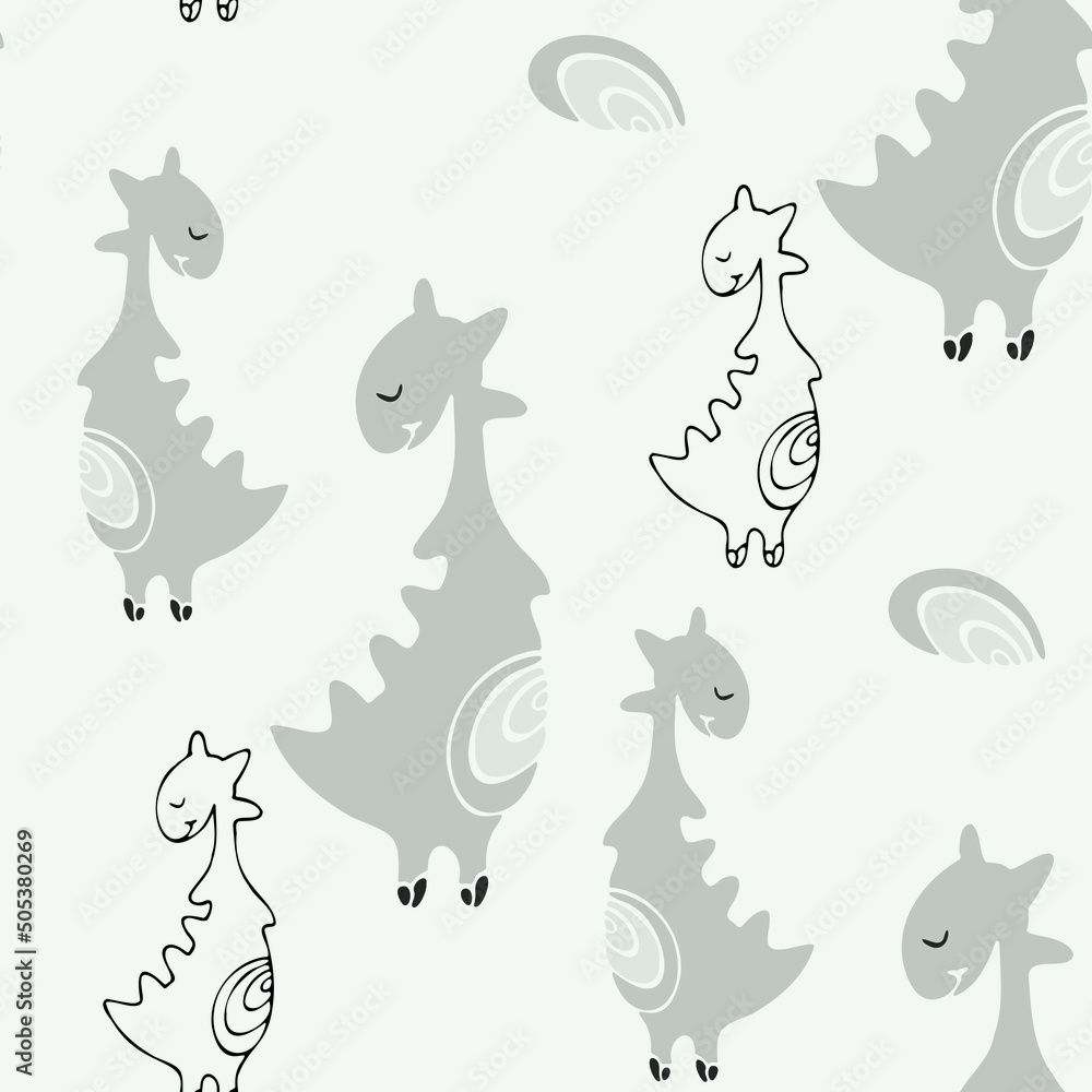 Fototapeta premium Cute dinosaur vector print for kids design. Vector print with cartoon dinosaur. Cute Dino doodle print for childish decor. Seamless pattern