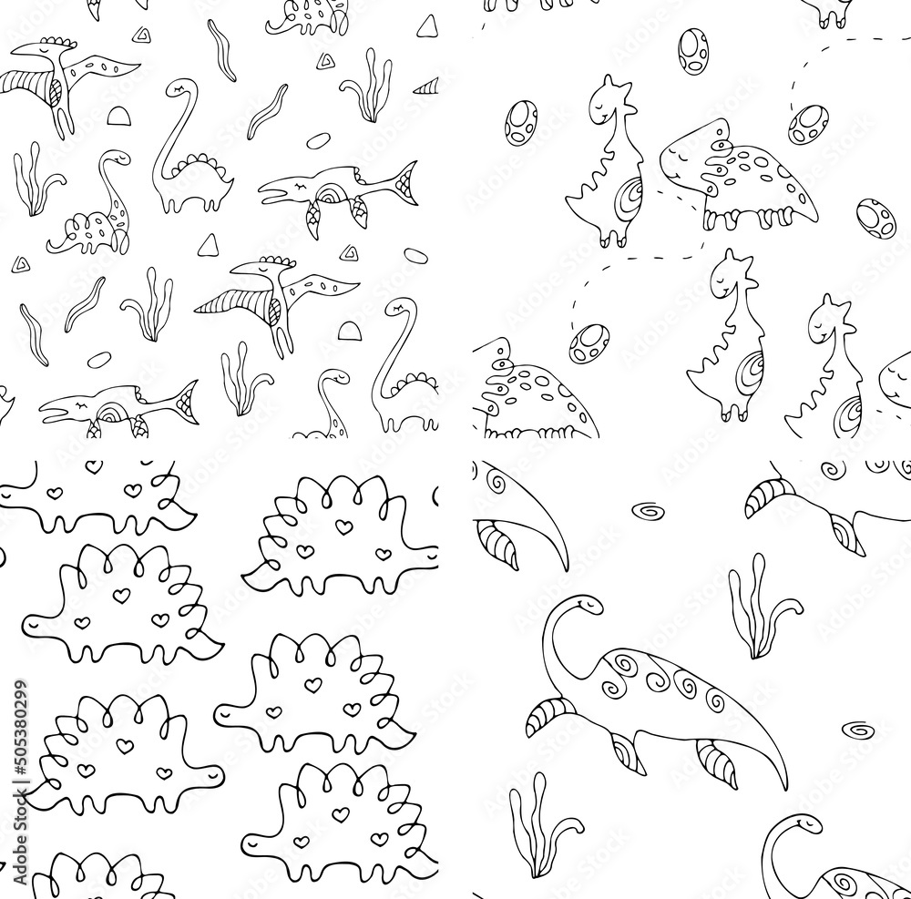 Dino Set of seamless patterns. Baby Vector illustration of one color cartoon character. Doodle in a childish hand-drawn Scandinavian style
