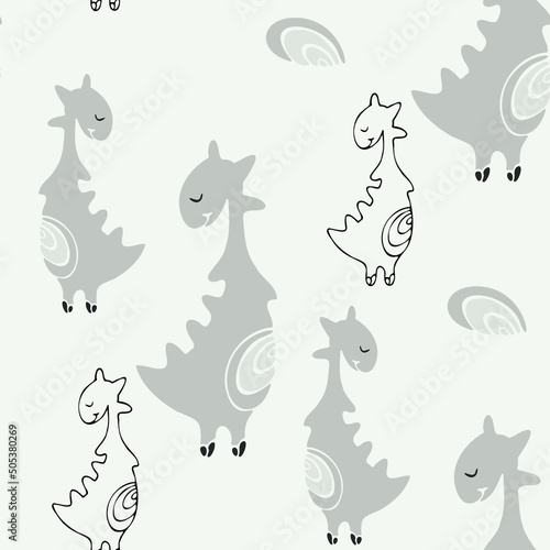 Cute dinosaur vector print for kids design. Vector print with cartoon dinosaur. Cute Dino doodle print for childish decor. Seamless pattern © MarijaBazarova