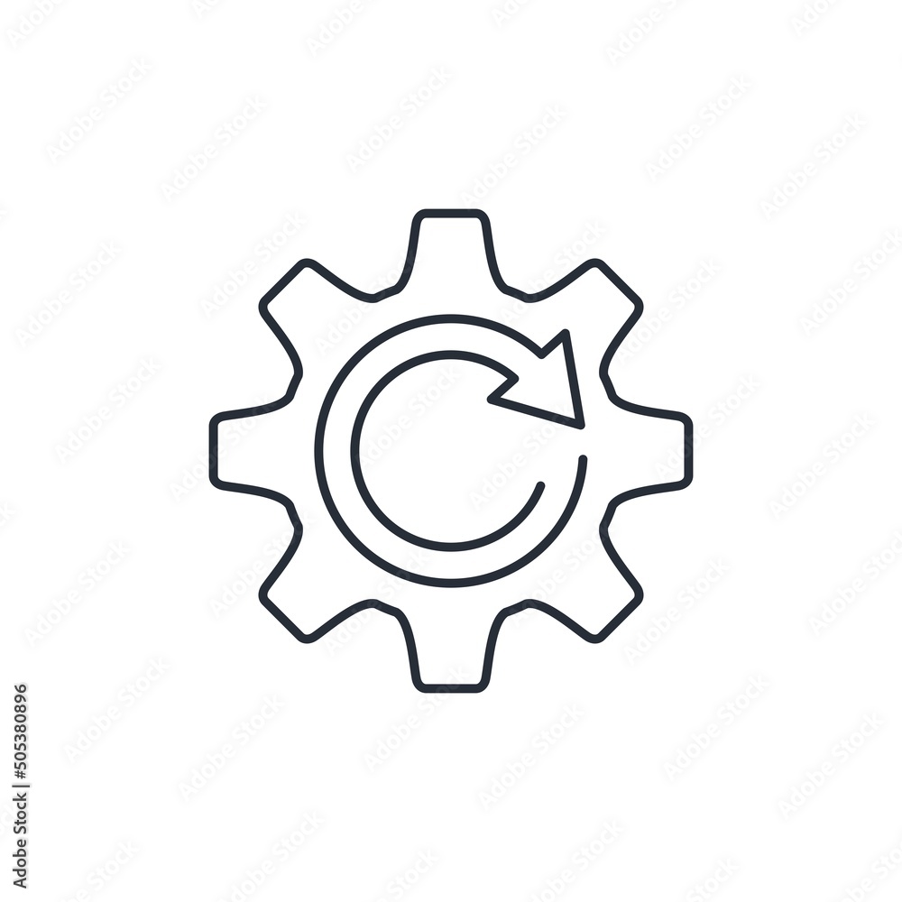 Rotating arrow and gear. An ongoing process. technical procedure. Vector linear icon isolated on white background. Rotating arrow and gear. An ongoing process. technical procedure. Vector linear icon isolated on white background.