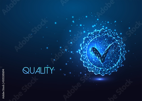 Futuristic high quality approval concept with glowing low poly stamp with checked mark on dark blue 