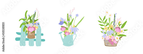 3 Floral bouquets in baskets set. Flower vector collection. Vector illustration