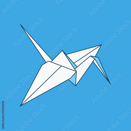 Origami crane vector cartoon illustration isolated on a blue background.