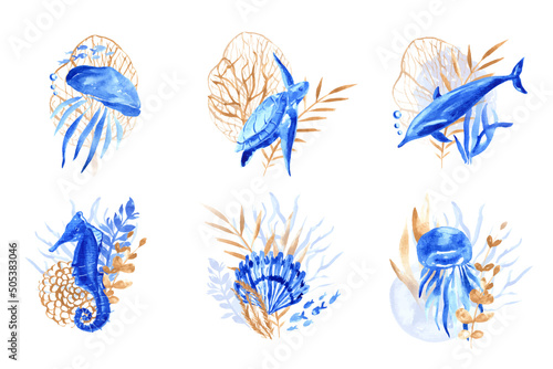 Ocean life. Gold Blue watercolor set