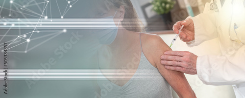 Doctor giving vaccin injection to female patient; panoramic banner