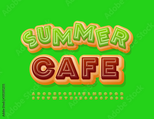 Vector sweet Enblem Summer Cafe. Creative Alphabet Letters, Numbers and Symbols. Tasty cake Font.