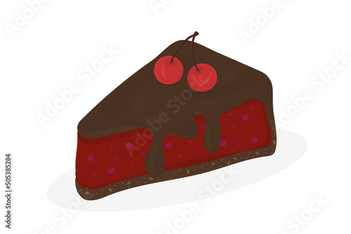 a piece of chocolate and cherry cake on a white background soufflé sweetness