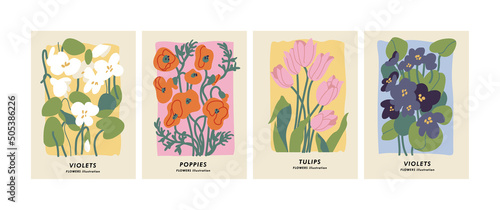 Vector illustration set of botanical posters different flowers. Art for for postcards, wall art, banner, background.