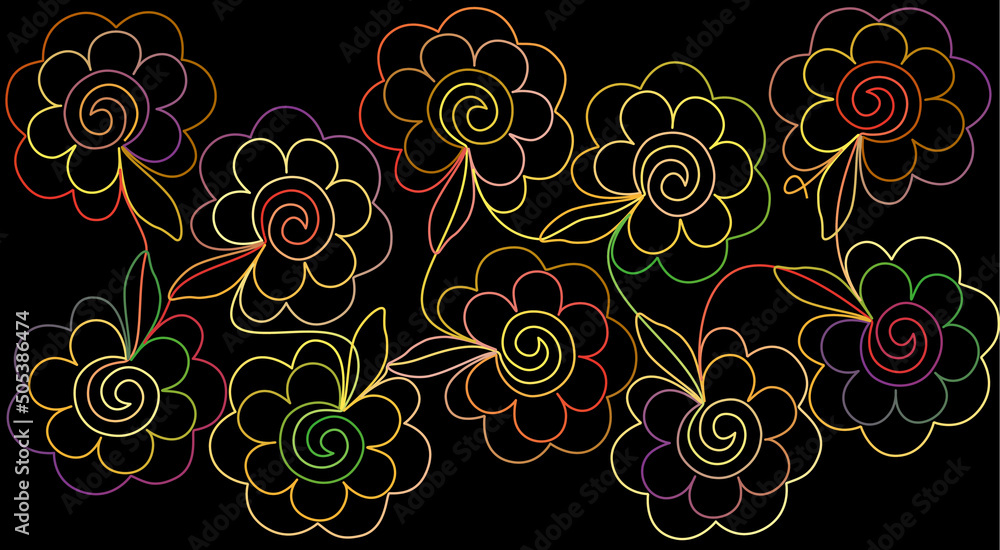
One line drawing. Cheerful and bright composition of ten flowers - a kaleidoscope of colors. The background of the graphic wallpaper is black.