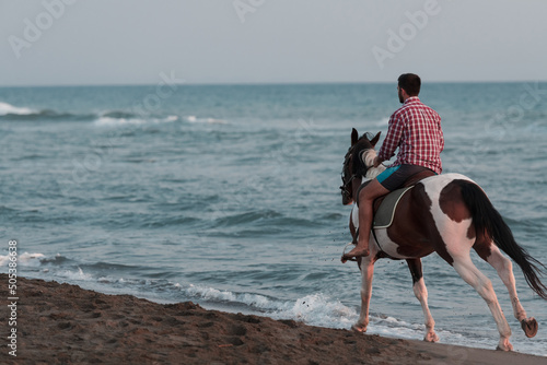 A modern man in summer clothes enjoys riding a horse on a beautiful sandy beach at sunset. Selective focus 