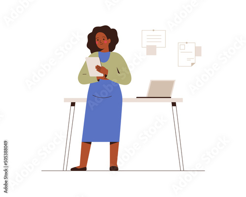 African American pregnant business woman works from office or home. Black young mother holds a tablet and uses it for planning or online meeting. Professional occupation during pregnancy. Vector
