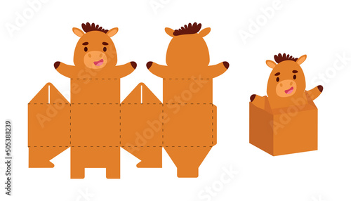 Simple packaging favor box horse design for sweets, candies, small presents. Party package template for any purposes, birthday, baby shower. Print, cut out, fold, glue. Vector stock illustration