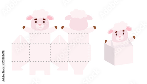 Simple packaging favor box sheep design for sweets, candies, small presents. Party package template for any purposes, birthday, baby shower. Print, cut out, fold, glue. Vector stock illustration photo