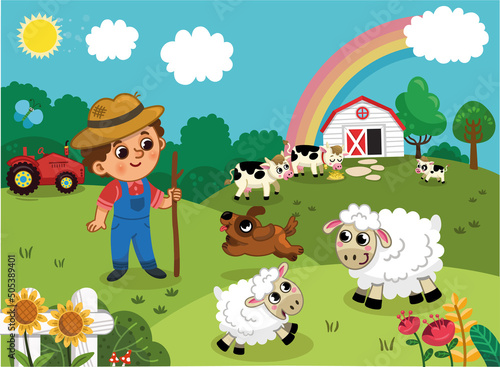 Vector illustration of a happy farmer looking around with his animals on his farm.