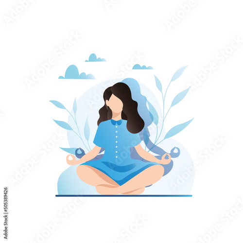Calm woman meditates in nature in park in lotus position. Girl is an instructor of practice, relaxation techniques is engaged in yoga, stretching. Spiritual balance guru. Healthy lifestyle.