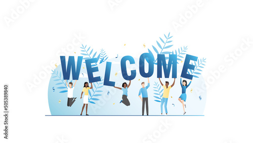 Vector happy, joyful people, company of friends jumping, holding big letters of word welcome in confetti for web page. Greeting to site on Internet for users and visitors.