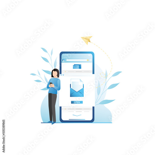 Woman in smartphone writes, reads, sends, receives messages on Internet. Girl and online correspondence by e-mail with paper planes, envelope in attachment, application, on website. Spam.