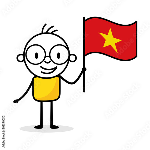 Man holding flag of Vietnam isolated on white background. Hand drawn doodle line art man. Concept of country. Vector stock illustration