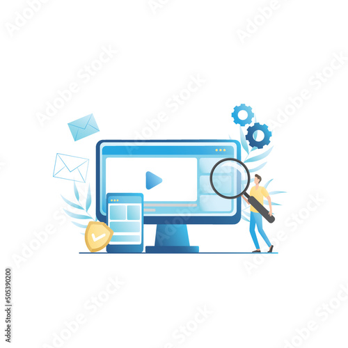 Vector man with large magnifying glass is looking for information given on website, in application on computer, in smartphone. Internet surfing. Secure connection to shield.