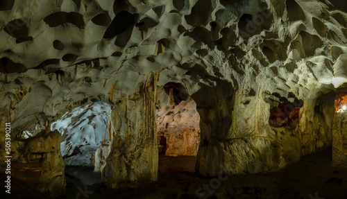 Close up photo of rock formations in Karain cave in antalya turkey. photo