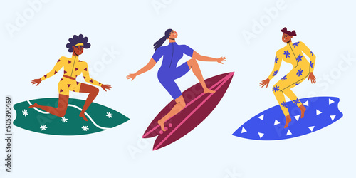 Collection of different people on the surf. Active recreation and sports. Vector illustration.