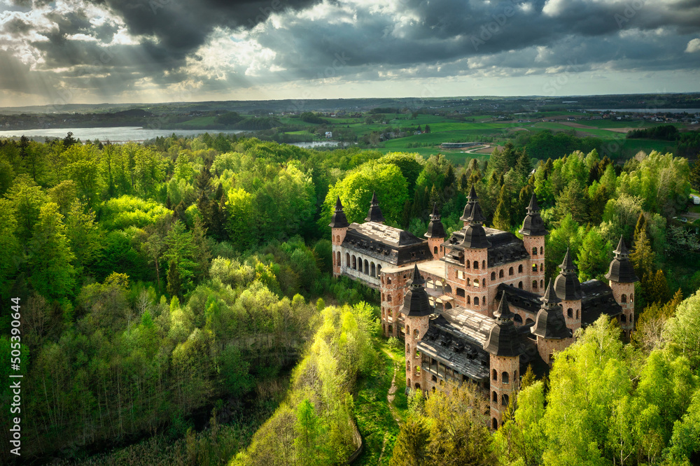 Castle in Lapalice, surrounded by Kashubian forests and lakes, Poland - obrazy, fototapety, plakaty 