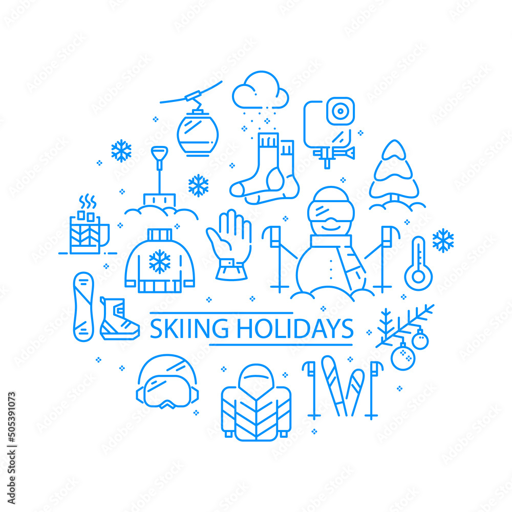 Skiing holidays cute winter mountain sports icons collage