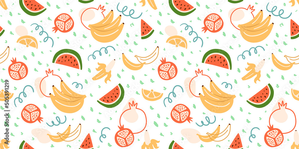 Fototapeta premium Picnic basket seamless pattern. Summer picnic food background. Cartoon summer outdoor party wallpaper. Outdoor leisure banner, card, print. Vector illustration. Garden party banner.