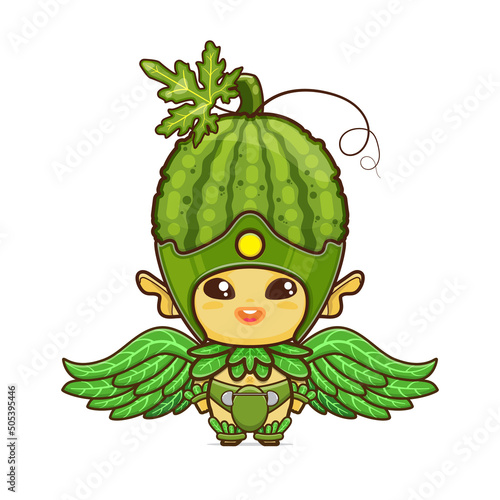 cute biter melon character. vegetable and fruit mascot with leaf wings. illustration in kawaii style. suitable for animation, children's content and all ages. for making cute patterns, bg, gift wrap