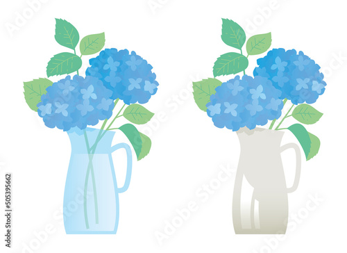 花瓶に生けた青いアジサイの花のイラストセット
