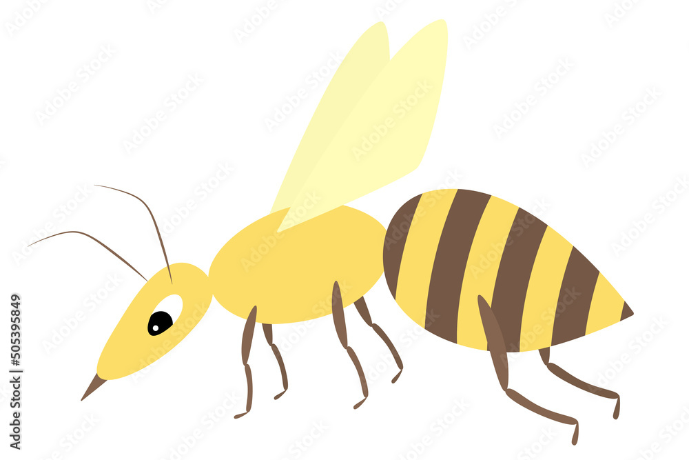 Wasp. A small fly with a stinger and a striped body. Color vector illustration. Insect with yellow wings. Isolated background. Flat style. Festive print. Idea for web design, invitations, postcards. Wasp. A small fly with a stinger and a striped body. Color vector illustration. Insect with yellow wings. Isolated background. Flat style. Festive print. Idea for web design, invitations, postcards.