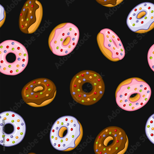 Donuts Seamless Pattern with Pink, White and Chocolate Glaze. Vector