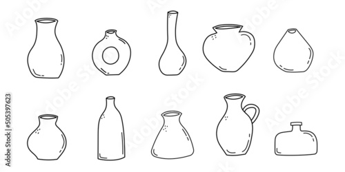 Set of hand drawn line art vases and pots. Doodle clay pottery collection. Isolated vector illustration 