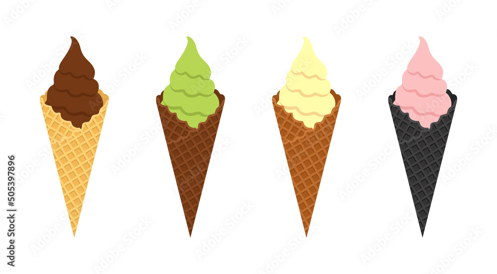 Chocolate, green pistachio, vanilla and pink berry ice cream in yellow, brown and black waffle cones isolated on a white background. Vector ice cream set