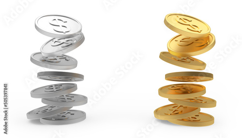 Gold and silver dollar coins in stacks. 3D illustration