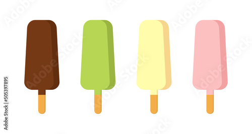 Ice cream on a stick with chocolate, green, vanilla and pink glaze isolated on white background. Ice cream vector set